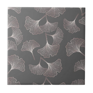 Blush Ginkgo Luxe – Gold Botanical on Black (4) Ceramic Tile