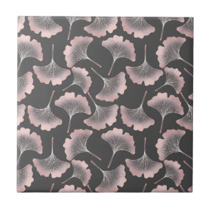 Blush Ginkgo Luxe – Gold Botanical on Black (8) Ceramic Tile