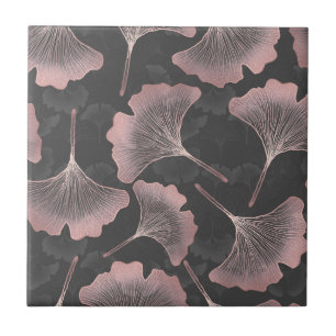 Blush Ginkgo Luxe – Gold Botanical on Black (9) Ceramic Tile