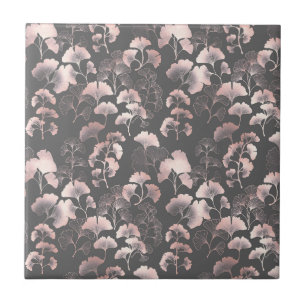 Blush Ginkgo Luxe – Gold Botanical on Black Ceramic Tile