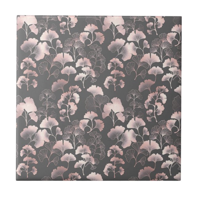 Blush Ginkgo Luxe – Gold Botanical on Black Ceramic Tile (Front)