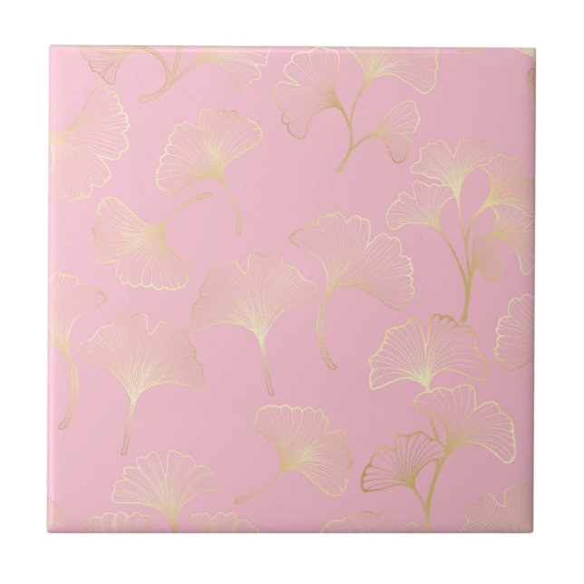 Blush Ginkgo Luxe – Gold Botanical on Pink (2) Ceramic Tile (Front)