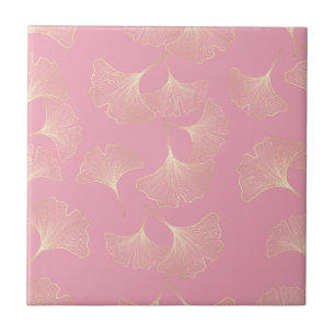 Blush Ginkgo Luxe – Gold Botanical on Pink (4) Ceramic Tile