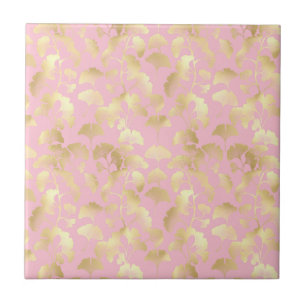 Blush Ginkgo Luxe – Gold Botanical on Pink (6) Ceramic Tile