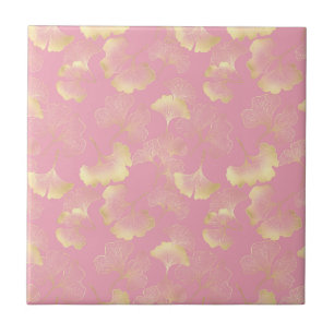 Blush Ginkgo Luxe – Gold Botanical on Pink Ceramic Tile