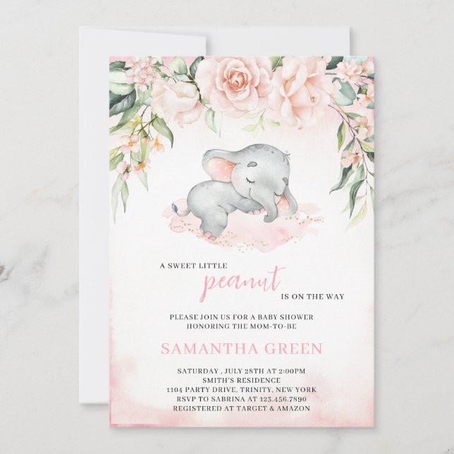 Blush Girl Elephant Baby Shower Invitation (Front)