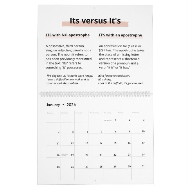 Blush Glitter Boss Lady CEO Monogram Spelling Calendar (Jan 2026)