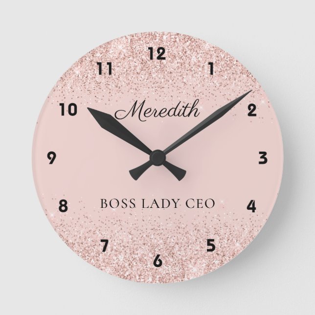 Blush Glitter Boss Lady CEO Personalised Keepsake Round Clock (Front)