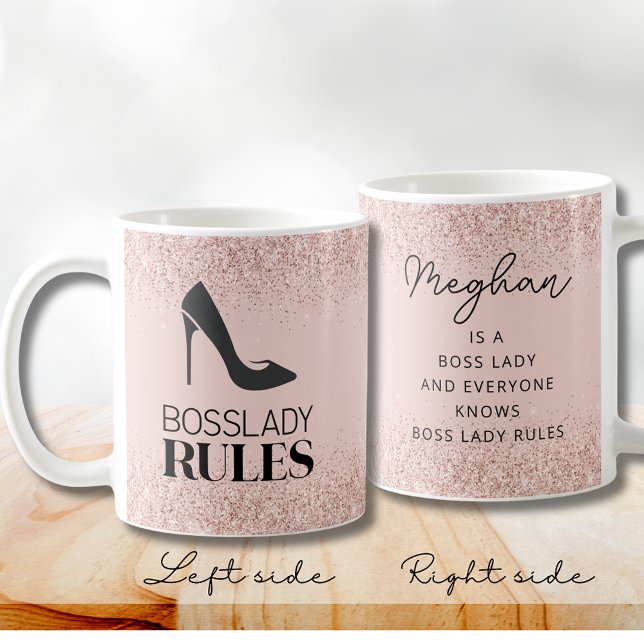 Blush Glitter Boss Lady Rules Personalised Coffee Mug (Blush Glitter Boss Lady Rules Stiletto Logo  Personalized Coffee Mug)