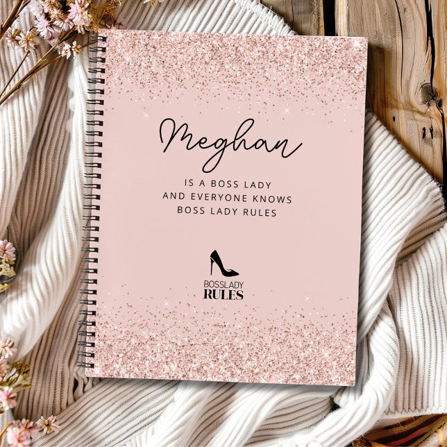 Blush Glitter Boss Lady Rules Personalised Notebook (Blush Glitter Boss Lady Rules Stiletto Logo Personalized Notebook)