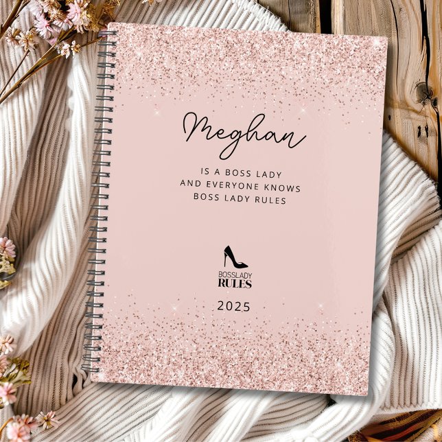 Blush Glitter Boss Lady Rules Personalised Planner (Blush Glitter Boss Lady Rules Stiletto Logo Personalized Planner)