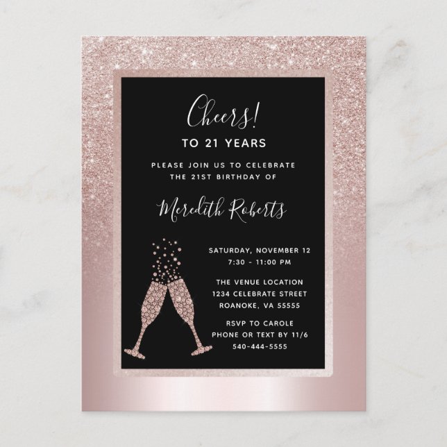 Blush Glitter Champagne Toast 21st Birthday Party Invitation Postcard (Front)