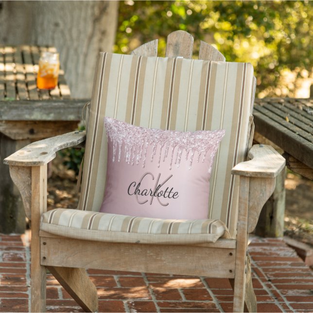 Blush glitter drips monogram name cushion (Chair)