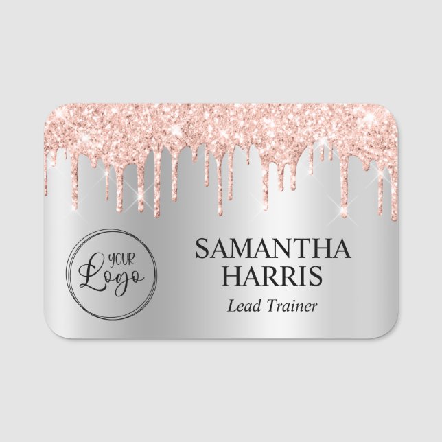 Blush Glitter Drips Silver Ombre Shimmer Name Tag (Front)