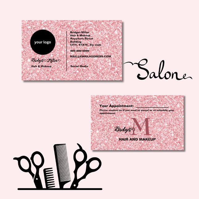 Blush Glitter hair salon monogram Logo  Appointment Card (Creator Uploaded)