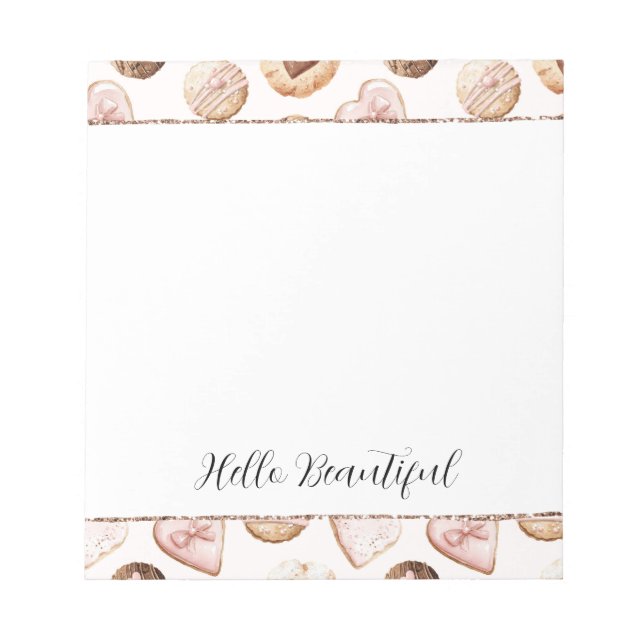 Blush Glitter Pink Cream Brown Hearts Treats Notepad (Front)
