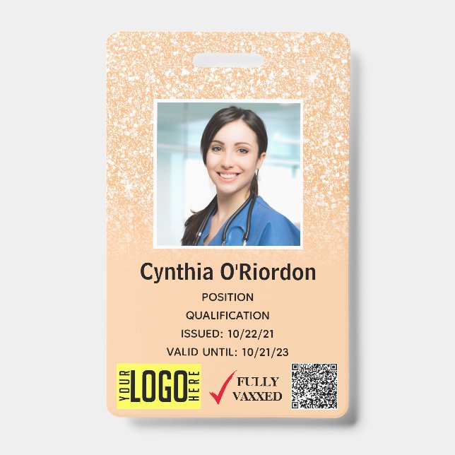 Blush Glitter Technician Photo ID QR Barcode Badge (Front)