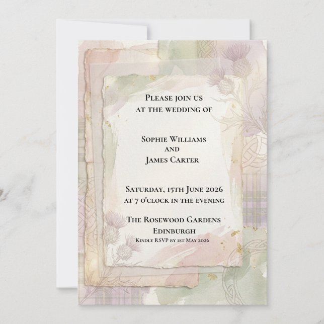 Blush Gold Abstract Watercolour Scottish Wedding Invitation (Front)