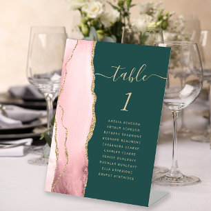 Blush Gold Agate Dark Green Wedding Table Number Pedestal Sign