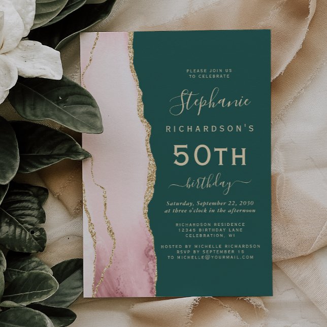 Blush Gold Agate Emerald Green 50th Birthday Party Invitation (Creator Uploaded)