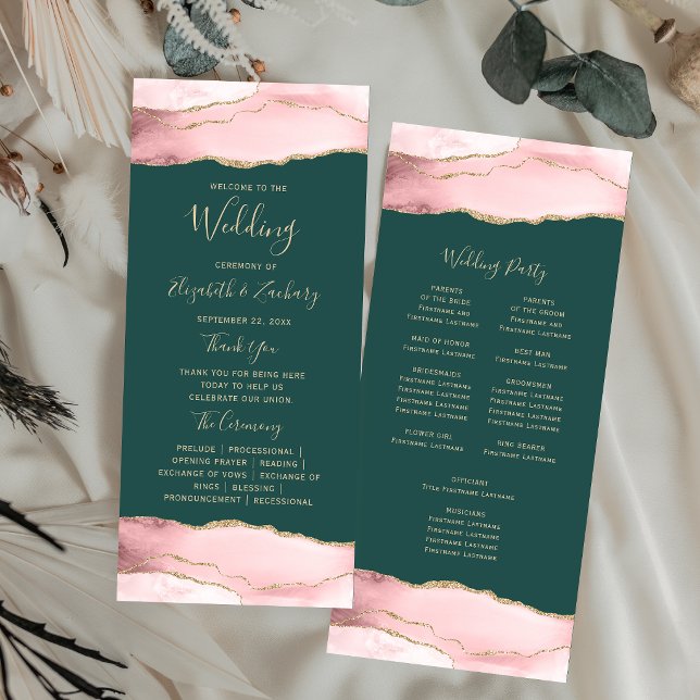 Blush Gold Agate Emerald Green Wedding Program (Creator Uploaded)
