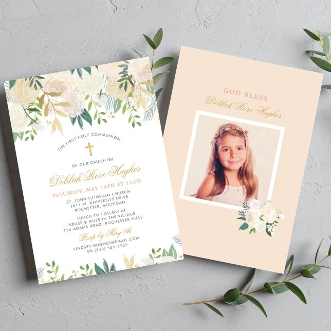 Blush Gold and Green Floral Girl First Communion Invitation (Creator Uploaded)