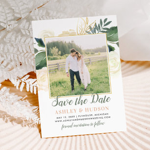 Blush Gold and Green Floral Wedding Photo White Save The Date