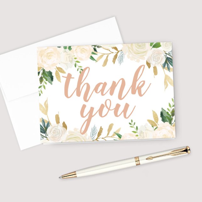 Blush Gold and Green Floral Wedding Script Thank You Card (Creator Uploaded)