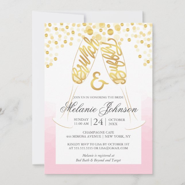 Blush Gold Bridal Brunch and Bubbly Invitation (Front)
