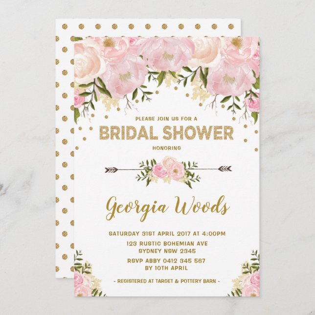 Blush Gold Bridal Shower Watercolor Peonies Invitation (Front/Back)