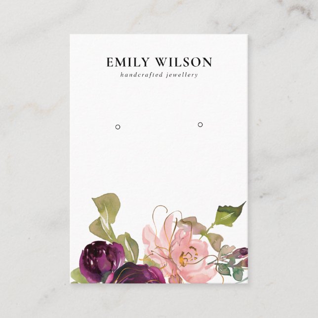 BLUSH GOLD BURGUNDY ROSE FLORAL EARRING DISPLAY BUSINESS CARD (Front)