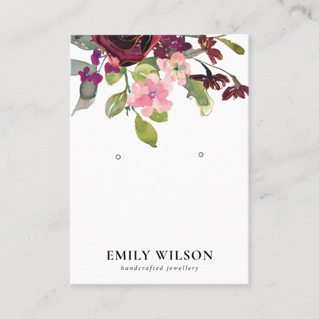 BLUSH GOLD BURGUNDY ROSE FLORAL EARRING DISPLAY BUSINESS CARD (Front)