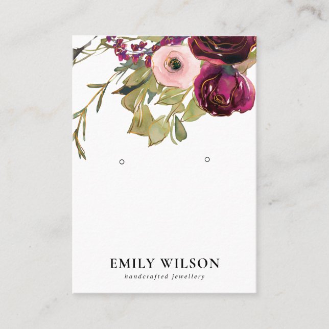 BLUSH GOLD BURGUNDY ROSE FLORAL EARRING DISPLAY BUSINESS CARD (Front)