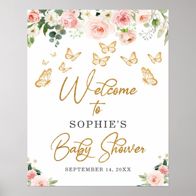 Blush Gold Butterfly Baby Shower Welcome Sign (Front)