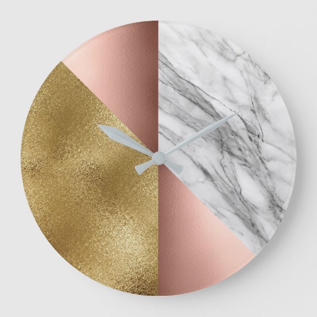 Blush Gold Carrara Marble Grey Geometry Glass Pink Large Clock (Front)