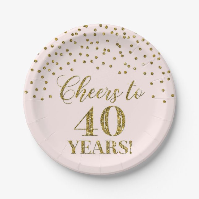 Blush Gold Confetti Cheers to 40 Years Birthday Paper Plate (Front)