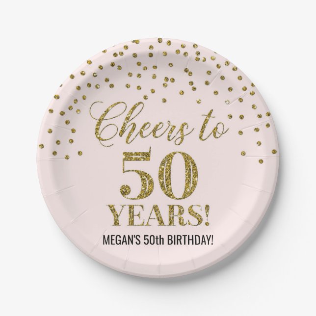 Blush Gold Confetti Cheers to 50 Years Birthday Paper Plate (Front)