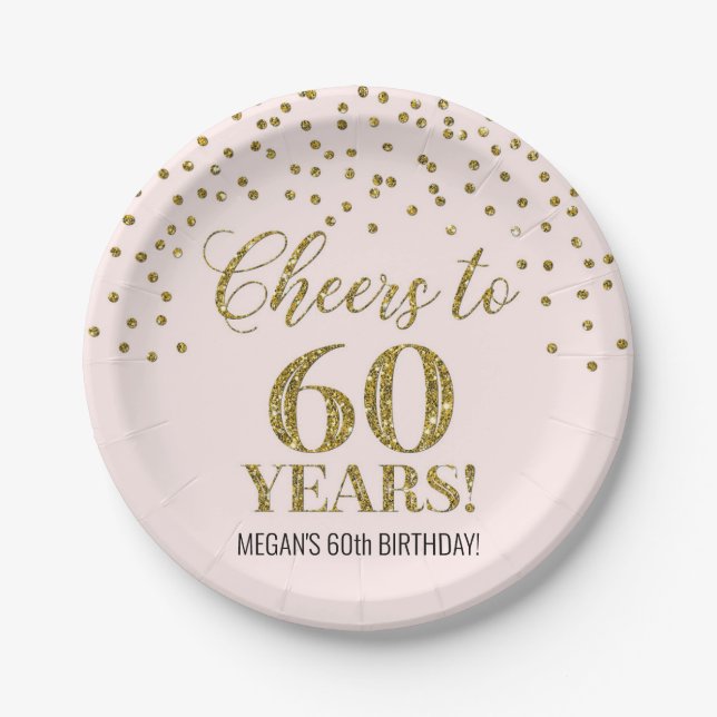 Blush Gold Confetti Cheers to 60 Years Birthday Paper Plate (Front)