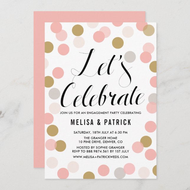 Blush & Gold Confetti Polka Dots Engagement Party Invitation (Front/Back)