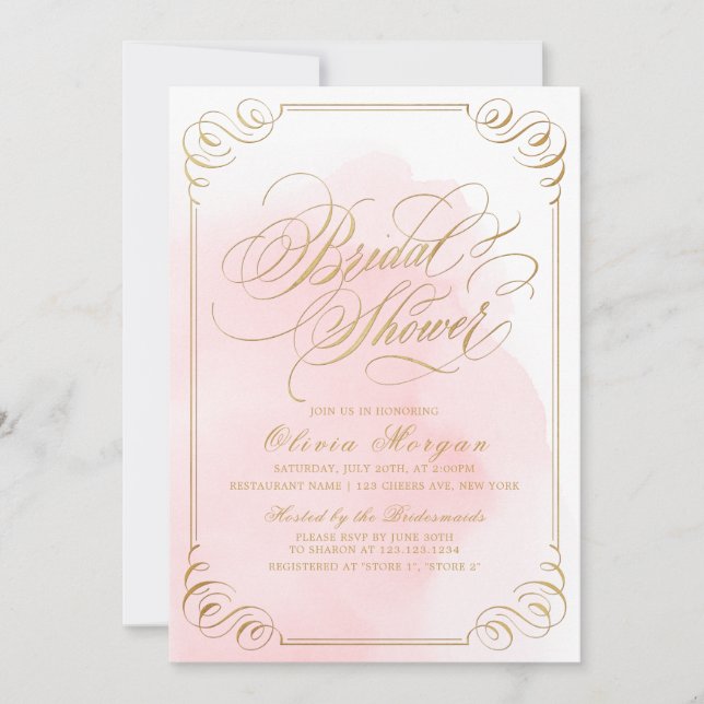 Blush gold elegant calligraphy Bridal Shower Invitation (Front)