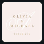 Blush gold elegant classic calligraphy thank you square sticker<br><div class="desc">Modern classic calligraphy couple monogram and names design in blush pink and gold colour,  simple and elegant. Great wedding favour tags for vintage wedding,   traditional wedding and formal classic wedding 
See all the matching pieces in collection</div>