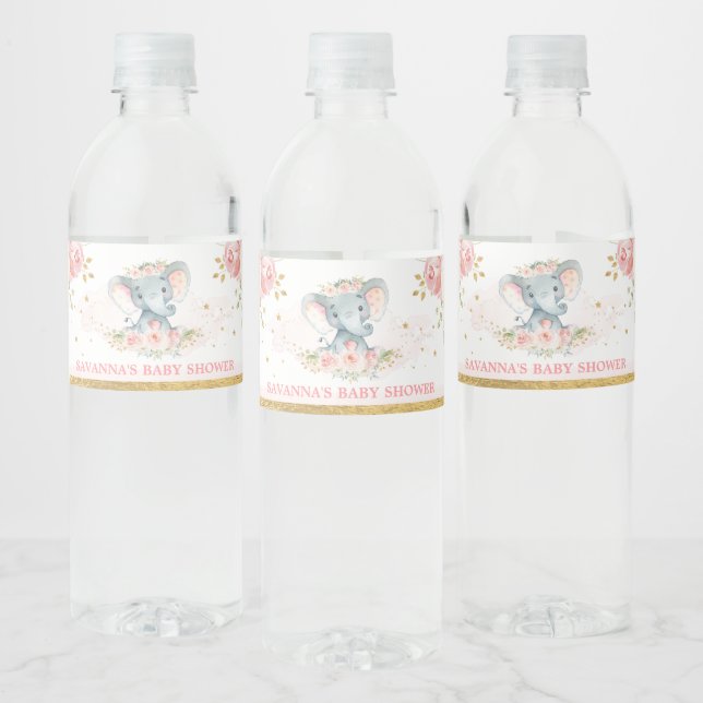 Blush Gold Elephant Girl Baby Shower Favours Water Bottle Label (Bottles)