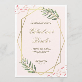 Blush Gold Floral Bordered Geometric Wedding Invitation