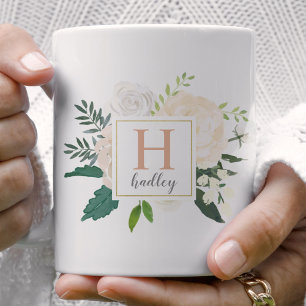 Blush Gold Floral Bouquet Monogram Coffee Mug
