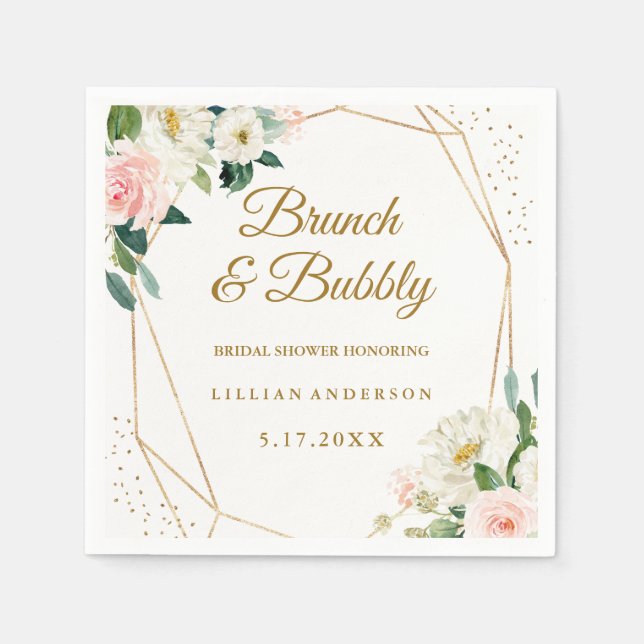 Blush Gold Floral Brunch And Bubbly Napkin (Front)