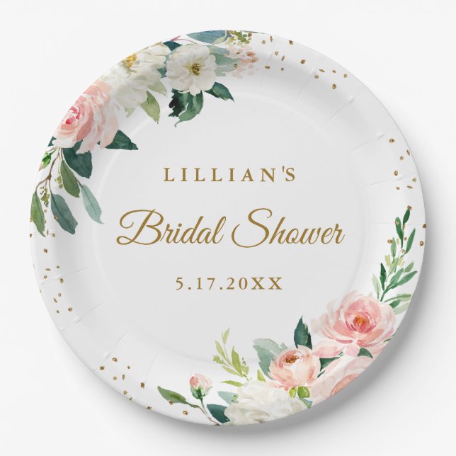 Blush Gold Floral Brunch And Bubbly Paper Plate (Front)