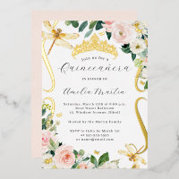 Blush Gold Floral Dragonfly Scroll Quinceanera  