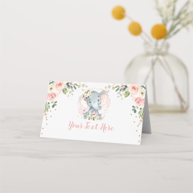 Blush Gold Floral Elephant Baby Girl Birthday Place Card (Front)