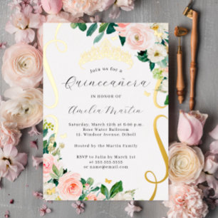 Blush Gold Floral Flowers Scroll Quinceanera  