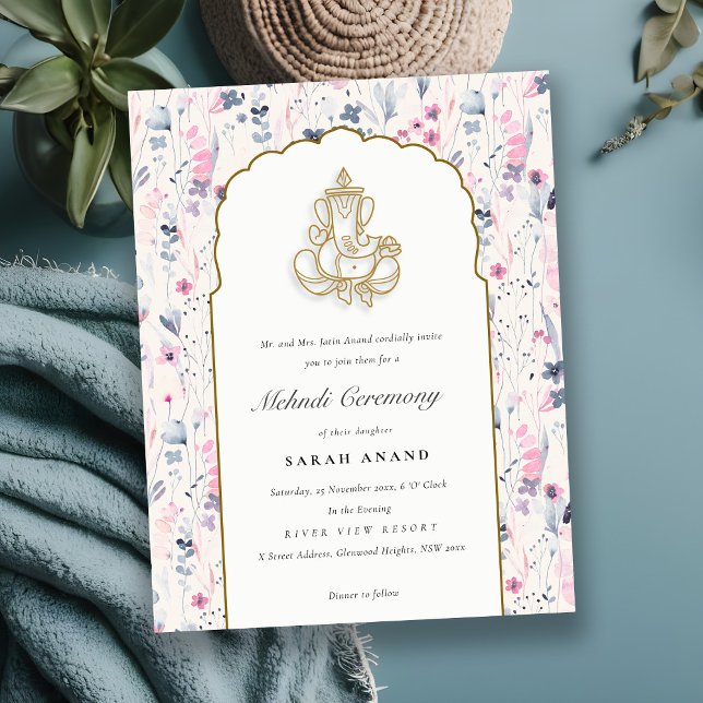 Blush Gold Floral Ganesh Indian Wedding Mehndi Enclosure Card (Creator Uploaded)
